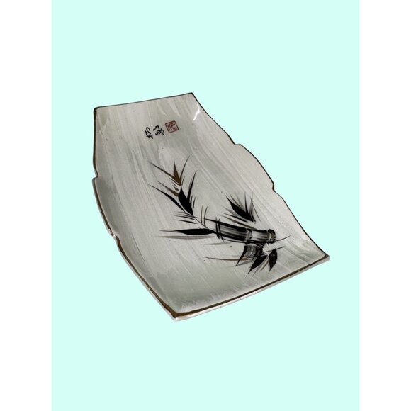 Japanese Ceramic Rectangular Plate With Bamboo Design & Gold Trim - 8.5" Long - - Picture 2 of 6